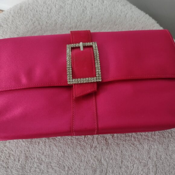 Jennifer Moore Bright Pink Satin Clutch With Sparkly Buckle Accent - Picture 1 of 6